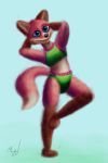  anthro baley belly big_ears big_feet bikini bikini_bottom bikini_top blue_eyes bottomwear brown_body brown_ears brown_fur canid canine clothing feet female fox fox_tail frilly fur green_bottomwear green_clothing green_topwear hands_behind_head hi_res mammal modestwold raised_leg red_body red_fox red_fur solo swimwear topwear white_belly white_body white_cheeks white_fur 