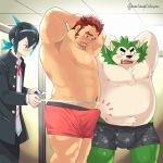  1:1 2020 akashi_(live-a-hero) anthro belly black_nose blush bottomwear bulge canid canine canis clothed clothing cute_fangs domestic_dog erection erection_under_clothing fur green_body green_fur group human kemono live-a-hero male mammal mokdai moobs nipples omochiwotakusan overweight overweight_male pants shirt sui_(live-a-hero) topwear underwear video_games 