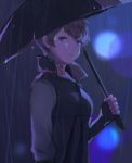  1girl anchun_(quail0503) arm_at_side black_umbrella blue_eyes blurry blurry_background brown_hair coat detroit:_become_human fingerless_gloves gloves kara_(detroit) night outdoors rain short_hair solo standing umbrella 