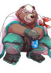  absurd_res alcohol anthro beer beverage blep can crouching drinking goro_(live-a-hero) hi_res kururur444 live-a-hero male mammal musclegut tongue tongue_out ursid 
