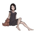  1girl arm_support asian bangs barefoot black_hair bob_cut breasts character_request closed_mouth collarbone commentary_request copyright_request dress feet full_body grey_dress highres kondate_(inugrm) looking_to_the_side parted_bangs short_hair short_sleeves simple_background sitting small_breasts solo stuffed_animal stuffed_toy teddy_bear white_background 