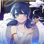  1girl angel_wings arm_ribbon bangs bare_arms black_hair blue_eyes blush eyebrows_visible_through_hair halo killua_gon low_twintails marinette_dupain-cheng miraculous_ladybug ribbon sky sleeveless smile solo star_(sky) star_(symbol) starry_sky twintails wand wings 