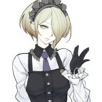  1girl black_gloves blonde_hair danganronpa frills gloves green_eyes hair_over_one_eye looking_at_viewer maid maid_day maid_headdress necktie neckwear new_danganronpa_v3 ngra201 parted_lips purple_neckwear short_hair simple_background sketch smile solo upper_body white_background 