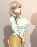  1girl breasts brown_hair closed_eyes commentary green_shirt huge_breasts long_hair nikita_varb shadow shirt skirt smile uzaki-chan_wa_asobitai! uzaki_tsuki v_arms 