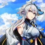  1girl animal_ears azur_lane bare_shoulders breasts cloud cloudy_sky dashinoya detached_sleeves ear_piercing hair_between_eyes long_hair mask mask_on_head metal_belt piercing purple_eyes silver_hair sky solo tosa_(azur_lane) upper_body wide_sleeves 