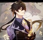  1boy bangs black_gloves black_hair blurry brown_hair chess_piece claws collar dragon fangs floating floating_object formal fur gem genshin_impact gloves gnosis gumilkx hair_between_eyes highres jacket jewelry long_hair long_sleeves male_focus multicolored_hair open_mouth ponytail simple_background single_earring smile solo suit symbol whiskers yellow_eyes zhongli_(genshin_impact) 