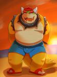  2020 anthro beach belly bowser bulge clothing footwear hi_res kemono koopa male mario_bros morningbread16 nintendo outside overweight overweight_anthro overweight_male sandals scalie seaside solo swimwear video_games water 