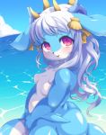  anthro big_butt blue_body blush breasts butt female hair hi_res nude small_breasts solo tokumori_kaisen water wet wet_body white_hair 
