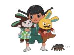  animal_crossing animal_ears argyle bangs black_eyes black_hair blunt_bangs blush_stickers braid bunny_ears bunny_tail cheek_squash collared_shirt commentary_request dark_skin dark_skinned_female facial_hair green_shorts holding hug kondate_(inugrm) long_sleeves looking_at_another mustache parted_hair shirt shoes shorts simple_background sleeveless smile socks standing tail tarantula track_suit twin_braids uwabaki white_background white_footwear white_legwear zipper zipper_pull_tab 