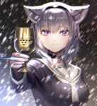  +_+ 1girl animal_ears arm_up black_choker black_serafuku blizzard breasts cat_ears chalice choker commentary_request cup expressionless eyebrows_visible_through_hair fingernails giving glint hair_between_eyes hairband highres holding holding_cup hololive incoming_drink jewelry light_frown long_sleeves looking_at_viewer medium_breasts nekomata_okayu noname_(metaldragonfly) outstretched_arm pendant purple_eyes ring sailor_collar school_uniform serafuku short_hair silver_hair slit_pupils snowing solo standing upper_body virtual_youtuber white_neckwear white_sailor_collar 