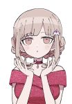  1girl :o alternate_costume bangs bare_shoulders blunt_bangs blush braid breasts brown_eyes choker commentary_request danganronpa dress hair_ornament hairclip hand_up hands_up light_brown_hair looking_at_viewer medium_breasts medium_hair nanami_chiaki off-shoulder_dress off_shoulder omochi_ksw pink_choker pink_dress portrait short_sleeves simple_background solo strapless strapless_dress super_danganronpa_2 white_background 