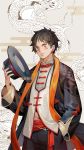  1boy black_hair black_headwear chinese_clothes cowboy_shot dragon dywx_poison eastern_dragon hand_in_pocket hat headwear_removed holding holding_clothes holding_hat male_focus monkey_d_luffy one_piece orange_scarf scar scarf solo 