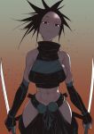  1girl abs armor bandaged_arm bandaged_hands bandages bare_shoulders black_eyes black_hair closed_mouth crack dual_wielding gradient gradient_background half-closed_eyes holding holding_sword holding_weapon looking_at_viewer medium_hair navel ngra201 ninja solo sword tenchuu toned vambraces weapon 