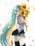  1girl absurdres ahoge alternate_hairstyle aqua_eyes aqua_hair bangs black_legwear black_skirt blonde_hair covering_face cowboy_shot eyebrows_visible_through_hair flower grey_shirt hair_between_eyes hatsune_miku highres holding holding_flower long_hair looking_at_viewer looking_back multicolored_hair noneon319 petals petals_on_liquid pleated_skirt shirt sidelocks simple_background skirt sleeveless sleeveless_shirt solo sunflower thighhighs two-tone_hair vocaloid white_background yellow_flower 