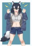  1girl animal_ear_fluff animal_ears black_hair blue_eyes breasts collarbone eyebrows_visible_through_hair fang grey_wolf_(kemono_friends) heterochromia highres jacket kemono_friends long_hair maindo_(mindrmindr) medium_breasts midriff multicolored_hair nail_polish navel open_clothes open_jacket open_mouth shorts tail two-tone_hair white_background wolf_ears wolf_girl wolf_tail yellow_eyes 
