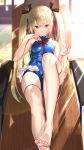  azur_lane barefoot beach black_ribbon blonde_hair blue_leotard blue_swimsuit breasts day dead_or_alive eyebrows_visible_through_hair frilled_leotard frilled_swimsuit frills hair_between_eyes hair_ornament hair_ribbon highres leotard looking_at_viewer marie_rose nanaken_nana one_side_up red_neckwear red_ribbon ribbon sitting small_breasts sunlight swimsuit toenail_polish toes twintails x_hair_ornament 