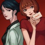 2girls asian bangs blue_eyes blue_hair blunt_bangs bob_cut breasts brown_eyes brown_hair card character_request closed_mouth collarbone commentary copyright_name earrings holding jewelry kondate_(inugrm) lipstick looking_at_viewer makeup multiple_girls nose paprika red_background red_lips red_shirt shirt short_hair short_sleeves sidelocks simple_background smile stud_earrings swept_bangs 