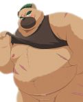  2020 anthro barely_visible_genitalia barely_visible_penis belly blush brown_body brown_fur canid canine canis clothing cute_fangs domestic_dog fur genitals hi_res kemono kwzu male mammal moobs nipples overweight overweight_anthro overweight_male penis scar shirt simple_background solo tokyo_afterschool_summoners topwear video_games white_background yasuyori 