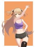  1girl alternate_costume arm_up bare_shoulders blonde_hair breasts casual cleavage cowboy_shot fischl_(genshin_impact) genshin_impact green_eyes hair_ribbon hand_on_hip midriff moth1 navel purple_tank_top ribbon short_shorts shorts single_thighhigh solo stomach tank_top thighhighs twintails 