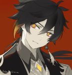  1boy bangs black_hair brown_hair closed_mouth collar formal genshin_impact greyscale hair_between_eyes jacket jewelry long_hair looking_at_viewer male_focus mimi_n monochrome multicolored_hair ponytail red_background simple_background single_earring solo suit yellow_eyes zhongli_(genshin_impact) 