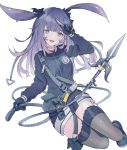  1girl animal_ears arknights belt belt_pouch black_eyes black_footwear black_gloves black_jacket black_legwear blush breasts bunny_ears commentary eyebrows_visible_through_hair full_body gloves hair_ribbon highres holding holding_knife jacket knife long_hair long_sleeves looking_at_viewer medium_breasts open_mouth pouch purple_hair ribbon rope rope_(arknights) seia_(tikxxx) shoes simple_background smile solo strap thighhighs thighs weapon white_background zettai_ryouiki 