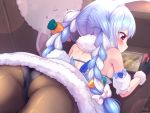  1girl animal_ears ass bare_shoulders black_gloves black_legwear blue_hair blush braid breasts bunny_ears carrot couch from_behind fur_trim gloves highres hololive lying magowasabi multicolored_hair nintendo_switch on_stomach orange_eyes pantyhose playboy_bunny playing_games short_hair_with_long_locks sideboob signature smile solo symbol-shaped_pupils twin_braids two-tone_hair usada_pekora virtual_youtuber white_hair 