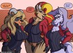  2020 alolan_ninetales anthro big_breasts black_body black_fur black_nose blonde_hair bottomless breasts brown_body brown_fur brown_hair cerberus_(helltaker) clothed clothing cosplay eyewear fangs female fur genitals glasses group gynomorph hair helltaker horn houndoom intersex multicolored_hair nintendo penis pink_eyes pok&eacute;mon pok&eacute;mon_(species) purple_body purple_fur purple_hair pyroar red_eyes red_hair regional_form_(pok&eacute;mon) shirt signature sketchybug speech_bubble text topwear url vest video_games 