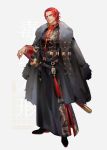  belt black_coat black_eyes chinese_clothes coat coat_on_shoulders dragon dragon_print dywx_poison eastern_dragon facial_hair full_body fur_trim male_focus one_piece red_hair scar scar_across_eye shanks sheath sheathed simple_background solo sword weapon 