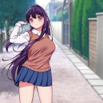  1girl artist_name bangs blue_skirt blurry blurry_background brown_vest commentary day doki_doki_literature_club frown hair_between_eyes hair_ornament hairclip hand_up highres kanarin6 long_hair long_sleeves looking_at_viewer outdoors pleated_skirt purple_eyes purple_hair school_uniform shirt skirt solo very_long_hair vest white_shirt wing_collar yuri_(doki_doki_literature_club) 