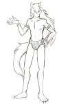  anthro barefoot black_and_white briefs canid canine canis clothed clothing colored_underwear cuffs_(disambiguation) hair hand_on_hip long_hair male mammal monochrome pretty_cure simple_background sketch smile solo thegreatmatsutzu topless underwear white_background wolf wolfrun 
