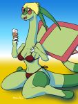  2020 3:4 anthro bikini bikini_bottom bikini_top blonde_hair breasts clothing dessert eyes_closed eyewear female flygon food glasses green_body hair halcy0n hi_res holding_food holding_object ice_cream navel nintendo non-mammal_breasts pok&eacute;mon pok&eacute;mon_(species) smile solo swimwear video_games wings 