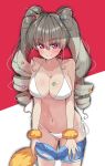  1girl absurdres anchovy_(girls_und_panzer) antyobi0720 bangs bikini blush breasts cleavage closed_mouth commentary cutoffs double_bun drill_hair eyebrows_visible_through_hair girls_und_panzer girls_und_panzer_senshadou_daisakusen! green_hair hair_ornament highres large_breasts long_hair looking_at_viewer micro_shorts navel orange_scrunchie pulled_by_self purple_eyes red_background scrunchie shorts shorts_pull side-tie_bikini smile solo standing star_(symbol) star_hair_ornament string_bikini sweat swimsuit torn_clothes torn_shorts twin_drills twintails white_background white_bikini wrist_scrunchie 