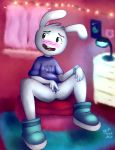  adventure_time anthro bedroom blush boots bottomless cartoon_network clock clothed clothing embarrassed female footwear genitals hi_res lagomorph leporid mammal open_mouth pussy rabbit shirt solo spread_legs spread_pussy spreading t-shirt topwear watch y5 yiffnotgif 