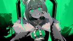  1girl bangs cape crown crown_removed double_bun eyebrows_visible_through_hair fur-trimmed_cape fur_trim green_eyes green_hair green_theme holding holding_crown hololive king_(vocaloid) kotaka limited_palette looking_at_viewer mouth_pull short_hair solo teeth throne upper_body uruha_rushia virtual_youtuber 