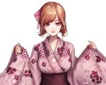  1girl :3 artist_name bangs breasts brown_hair character_request closed_mouth collarbone commentary copyright_request floral_print flower hair_flower hair_ornament highres japanese_clothes kimono large_breasts long_sleeves looking_at_viewer nostrils ony_saputra outstreched_arms pink_eyes pink_kimono short_hair simple_background smile solo swept_bangs thick_eyebrows upper_body white_background yukata 