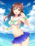  1girl absurdres alternate_costume ankimo_(tokino_sora) blue_eyes blue_sky breasts brown_hair cleavage cloud cloudy_sky day hair_ornament hand_up highres hololive hozuka in_water long_hair looking_at_viewer miniskirt navel neckerchief ocean open_mouth outdoors sailor_collar sideboob skirt sky smile solo sparkle star_(symbol) star_hair_ornament swimsuit tareme tokino_sora virtual_youtuber water water_drop wrist_cuffs 