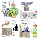  armor avian comic crate dialogue english_text female feral group gryphon headgear helmet human humanoid knight larger_female mammal marko_comics mythological_avian mythology not_furry_focus orc size_difference text warrior zira_(marko) 