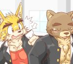  2006 anthro barazoku blush canid canine canis clothing domestic_dog duo eyes_closed humanoid_hands kemono low_res male mammal muscular muscular_male s_h_o shirt surprise topwear ursid 