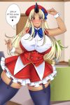  2020 big_breasts blonde_hair blush breasts clothed clothing dialogue english_text female hair horn horned_humanoid humanoid humanoid_pointy_ears legwear lindaroze_(artist) long_hair looking_at_viewer monster_girl_(genre) monster_musume not_furry ogre red_eyes solo speech_bubble talking_to_viewer text tionishia_(monster_musume) 