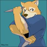  1:1 2006 anthro black_border blue_background border brown_body brown_fur canid canine canis clothed clothing digital_media_(artwork) domestic_dog fur hanzou humanoid_hands kemono low_res male mammal oekaki simple_background unknown_artist wan_wan_serepuu_soreyuke!_tetsunoshin weapon 