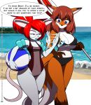  anthro ball beach beach_ball beach_umbrella bikini breasts canid canine clothing dialogue duo english_text eyewear female fox glasses hair hi_res kojiro-brushard mammal mouse murid murine one-piece_swimsuit rodent seaside swimwear text umbrella 