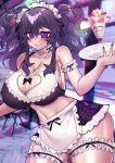  1girl :3 absurdres black_bow bow breasts cafe chair cleavage cleavage_cutout clothing_cutout curvy eyebrows eyebrows_visible_through_hair food fruit highres ice_cream large_breasts maid nyarla_(osiimi) original osiimi parfait plate purple_eyes purple_hair purple_nails strawberry table thick_thighs thighs twintails vaporwave whipped_cream 