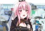  1girl black_coat black_nails blurry breasts cleavage coat depth_of_field holding holding_microphone hololive hololive_english jan_azure large_breasts long_hair meme_attire microphone mori_calliope nail_polish open_mouth photoshop_(medium) pink_hair red_eyes shoulder_spikes solo spikes subtitled tiara veil virtual_youtuber 