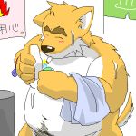  1:1 2006 anthro belly bodily_fluids brown_body brown_fur canid canine canis digital_media_(artwork) domestic_dog eyes_closed fur japanese_text kemono low_res male mammal navel oekaki oogamikennta overweight overweight_male pubes smoking sweat text towel 