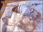  2006 anthro bed bedding blanket canid canine clothing eyes_closed furniture hug kemono low_res lying male mammal phone shirt sleeping solo text topwear underwear unknown_artist 