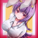  1girl animal_ears blush breasts bunny_ears cleavage commentary_request guchadoro highres large_breasts light_purple_hair long_hair looking_at_viewer looking_up purple_hair red_eyes reisen_udongein_inaba shirt smile solo touhou very_long_hair white_shirt 