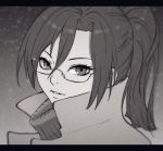  1girl aozaki_touko coat glasses greyscale kara_no_kyoukai looking_at_viewer miura-n315 monochrome ponytail semi-rimless_eyewear short_hair snow solo winter 
