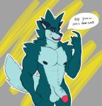  anthro balls canid canine canis genitals half-erect hi_res looking_at_viewer male male/male mammal nihontd nihonthedragon one_eye_closed penis solo spedumon text tongue tongue_out wink wolf wulfrick 