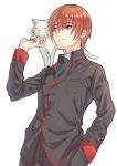  1boy black_pants brown_hair cat commentary_request commission cowboy_shot hand_in_pocket lennon little_busters! male_focus mitsuyo_(mituyo324) natsume_kyousuke pants red_eyes school_uniform simple_background white_background 