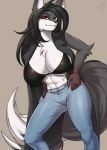  abs anthro big_breasts black_body black_fur black_hair bottomwear breasts canid canine chest_tuft clothing denim denim_clothing dipstick_tail female fox fur hair jeans kittell_(artist) mammal multicolored_tail navel pants red_eyes solo tuft 